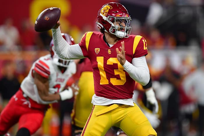 Dec 2, 2022; Las Vegas, NV, USA; Southern California Trojans quarterback Caleb Williams (13) throws against the Utah Utes during the first half of the PAC-12 Football Championship at Allegiant Stadium. Mandatory Credit: Gary A. Vasquez-USA TODAY Sports